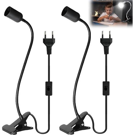 Lot de 2 douilles E27 avec pince, lampe à pince avec interrupteur et prise, lampe à pince avec col de cygne orientable à 360°, douille E27 pour lampe à col de cygne, lampe de bureau, lampe