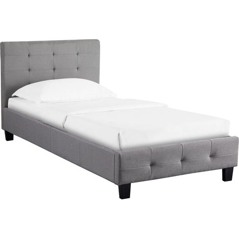 Idimex – Lit simple gris 90x190 cm – Tête de lit rembourrée capitonnée – Sommier à lattes inclus – Design contemporain pour chambre (1/4)