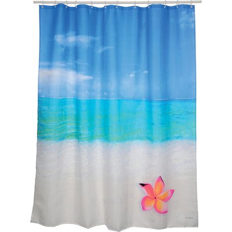 Rideau de Douche Polyester 180x200cm Motif Paradise Bleu Blanc Anneaux Inclus (1/2)