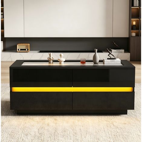Tavolino da salotto in pannello truciolare, 100x50x40 cm, nero, con 4 cassetti e LED (1/5)