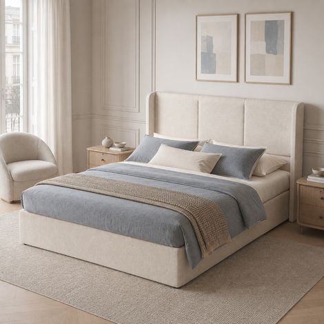 Lit Double Rembourré 140x190 cm, lit 2 Places avec Cadre de lit et Espace de Stockage, Lit Coffre sommier à Lattes pour Adulte Adolescent, Lin Beige