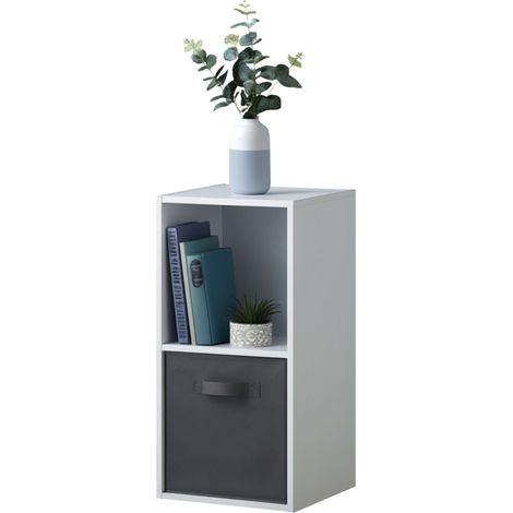 Estantería 2 Cubos Baja Auxiliar Abril, Librería Modular 1 Cajón Tela Salón Blanco Mate y Gris 30x60x28 cm