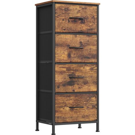 Commode à 4 tiroirs en tissu, acier, MDF, tissu non tissé, pour chambre à coucher, placard, couloir, salon, marron rustique et noir encre (1/5)