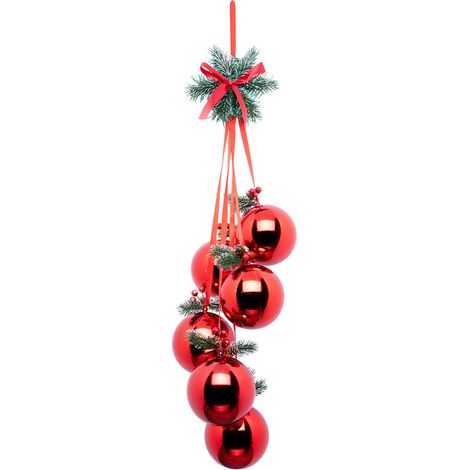 Grappe de 6 Boules de Noël Rouge à suspendre avec déco Houx H 70 cm - Feeric Christmas