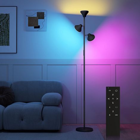 Lampadaire à 3 têtes orientables indépendantes, télécommande et minuterie, en acier et plastique, Ø25 x 170 cm, noir (1/5)
