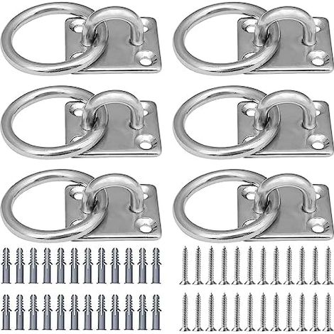 6 Stück – Edelstahl-Ösenplatten – Quadratische Ösen mit silbernem Ring – Mit 24 Schrauben und 24 Dübeln – Für Yogaseil und Hängematte