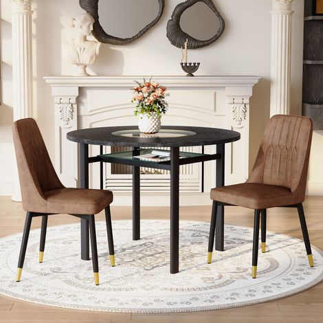 Mesa de comedor redonda con cristal incrustado, Ø100 cm, con 2 sillas de tela marrón, MDF efecto madera y metal negro - Negro (1/5)