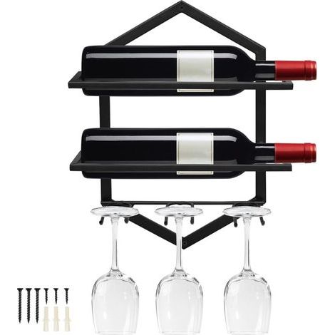 Porte-Bouteilles Mural en métal, Porte-Verres à vin à Suspendre pour 2 Bouteilles et 3 Verres Inclus, Casier à vin Rouge (1/5)