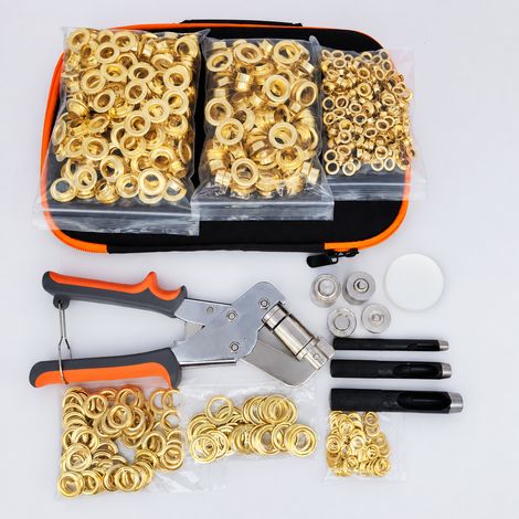 Kit pince à sertir avec 600 œillets ronds dorés 6, 10 et 12 mm, 3 poinçons, plaque et trousse doré réf 2030 30 × 20 × 5 cm 1,466 kg – Livraison gratuite