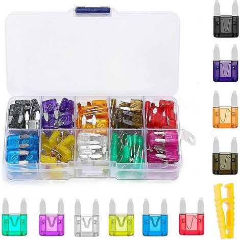 Packung mit 120 Kfz-Sicherungen 2A-35A mit Aufbewahrungsbox, Befestigungsclip und Stromprüferstift. (1/5)