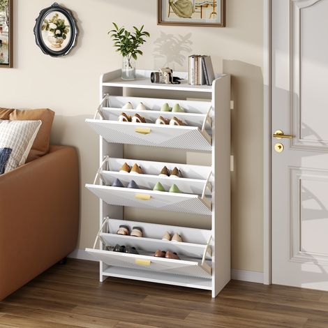 Armoire à chaussures 70x30x120cm, 3 portes battantes basses, 6 compartiments, meuble d'entrée, buffet, rangement salon, MDF blanc, design thermoformé, largeur réglable. (1/5)