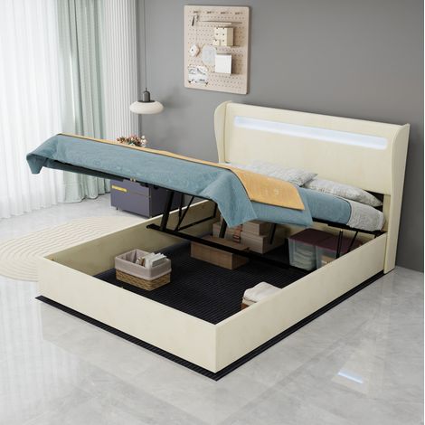 Cama tapizada moderna beige 140x200 cm en tela y metal con cabecero regulable y LED integrada