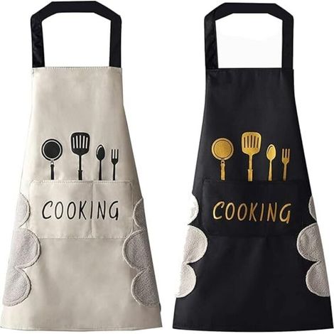 2 PCS Tablier de cuisine(Blanc et Noir) pour femme avec poches pour essuyer les mains, grande poche, essuyage à la main, imperméable pour la cuisine et la pâtisserie (1/4)