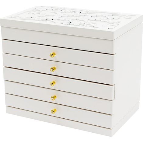 Boîte à bijoux à six niveaux avec sculptures en forme de trèfle à quatre feuilles, armoire à bijoux avec miroir, présentoir à bijoux de table, coffret à bijoux 30 x 19 x 25 cm, blanc (1/5)