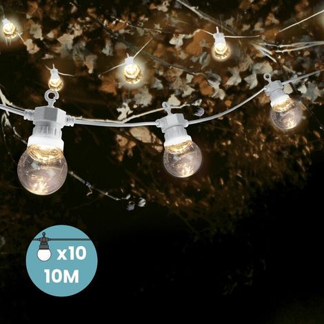 Guirlande lumineuse d'extérieur 10M – 10 ampoules LED blanches – Câble blanc – Décoration pour mariage et événements festifs