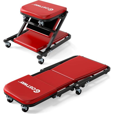 COSTWAY 2 in 1 Sgabello da Officina a Forma di Z, Carrello Meccanico sotto Auto con Sedile Imbottito e Ruote Girevoli a 360°, Portata 150 kg, per Garage e Officina (Rosso) (1/5)