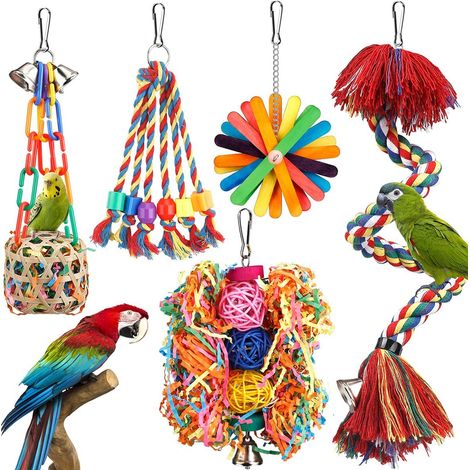 Lot de 5 Jouets pour Oiseaux et Perroquets - Accessoires de Cage avec Balançoire, Corde à Grimper, Jouet à Déchiqueter en Papier et Clochettes pour Perruches, Cockatiels et Inséparables (1/5)