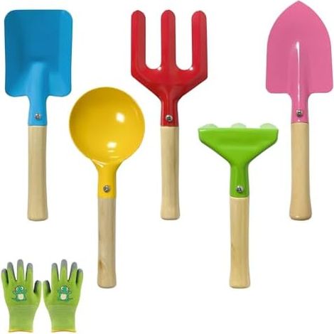 Ensemble Outils Jardinage - 5 Pièces - Métal Et Bois - Pour Rempotage Et Plantes En Pot - Vert (1/5)