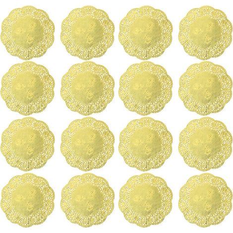 100 ölabsorbierende Spitzen-Platzsets, 8,9 cm (3,5 Zoll), Einweg-Einlagen für Tortenkartons, rundes Geschenkpapier – 7 x 7 cm – Gold (1/3)