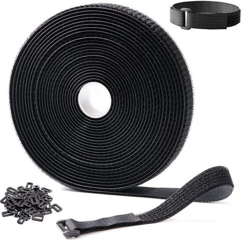 Sangles Réutilisables en Scratch 10m x 2cm, Attaches de Câble Ajustables avec 50 Boucles, Sangle à Crochet Découpable à la Longueur, Noir (1/5)