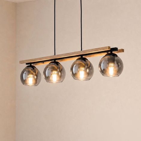 Lindby – Suspension en verre à intensité variable 4 lampes E27 – Abat-jours sphériques en verre fumé – Poutre en bois chêne – Pour salon et salle à manger (1/4)