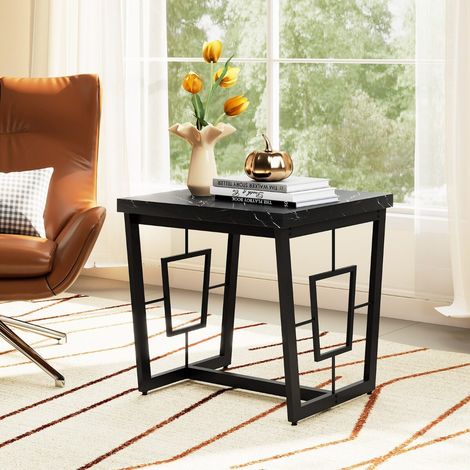 Table d appoint noire avec plateau effet marbre, structure métallique en H et pieds réglables pour chambre, salon et entrée (1/5)
