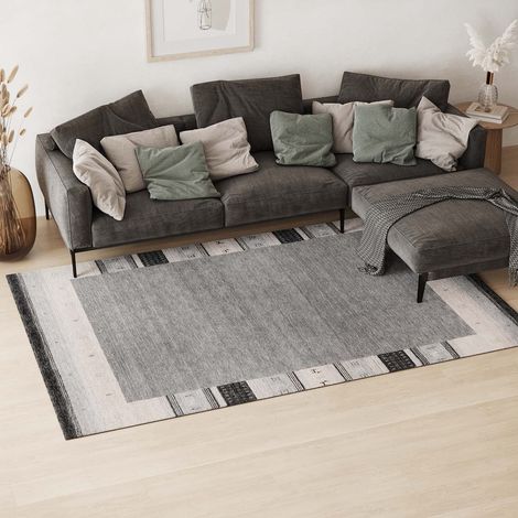 Tapis Gabbeh tissé Tapis Doha - Tapis en laine - 200x140cm, Rectangular - 100% Laine vierge - Tissé main - Gris