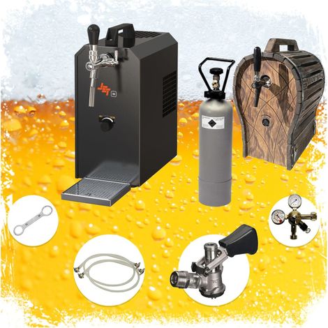 Komplett Set - Zapfanlage JET 30 Bierkoffer, Bierzapfanlage, Durchlaufkühler 1-leitig Trockenkühler, bis zu 35 Liter/h mit Holzfass, Zapfkopf: Kombi (1/5)