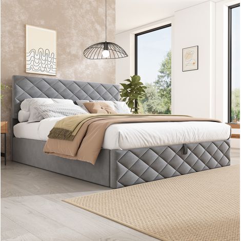MEUBLIV lit 140x200 cm gris – coffre hydraulique, sommier à lattes, sans matelas (1/5)