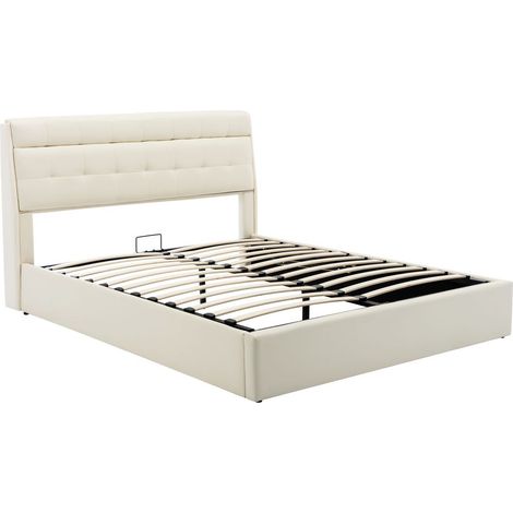 Lit rembourré en PU Crème, hydraulique, rangement caché en tête de lit, sans matelas - 160x200 cm (1/5)
