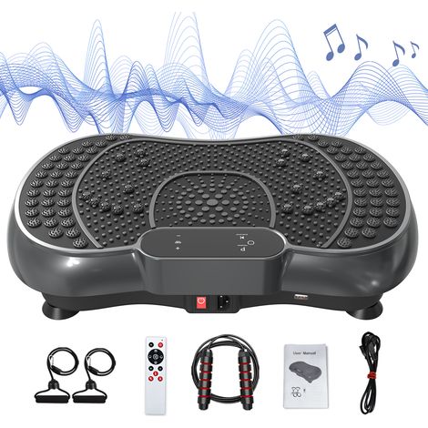 Vibrationsplattform, 99 Intensitätsstufen, 5 voreingestellte Programme, inklusive Widerstandsband und Springseil, Fernbedienung, integriertes Bluetooth, Schwarz