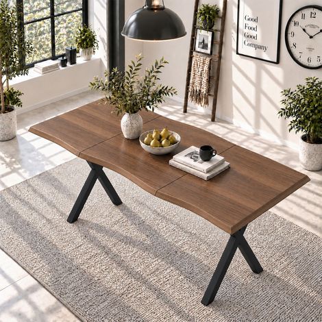 Table à Manger 160 x 78 x 75 cm design ondulé 4 à 6 places plateau épaissi pieds en fer en X finition noyer style minimaliste (1/5)