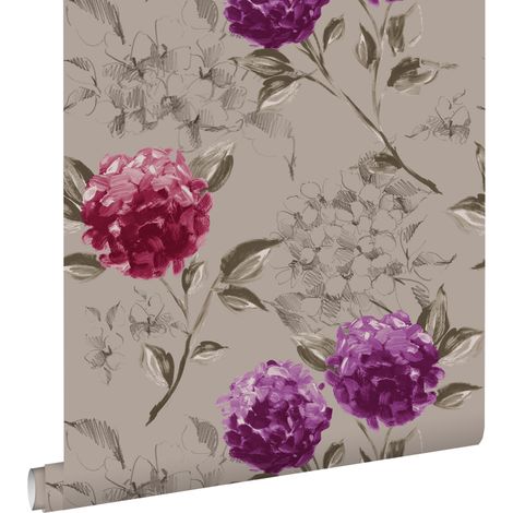 papier peint hortensias taupe et violet aubergine - ESTAhome (1/4)