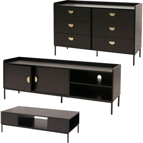 Wohnzimmer-Set HHG-294, TV-Rack Kommode Couchtisch, Ablage Schubladen, Melamin MDF Holzoptik schwarz (1/5)