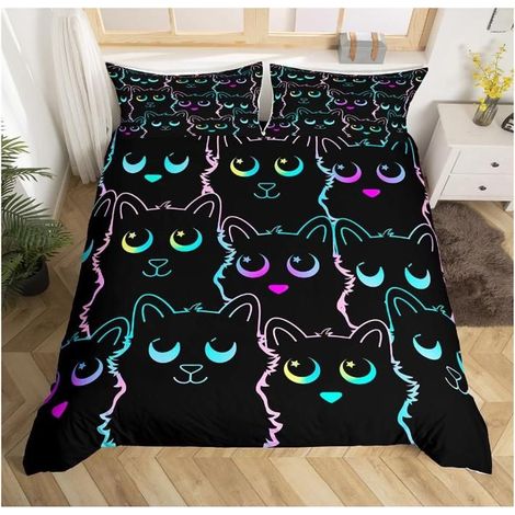 Chat Parure de Lits, Gradient Line Mignon Chat Housse de Couette 220x240cm Animaux Home Decor,Toute Saison,2 taies d'oreiller - JXL (1/4)