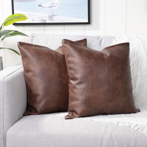Lot de 2 Decoratif Housse de Coussin Moderne Faux Cuir Taie d'oreiller Rectangulaire Modernes Décoratives pour Salon Canapé Canapé Chambre Voiture 35x35cm Brun foncé (1/5)