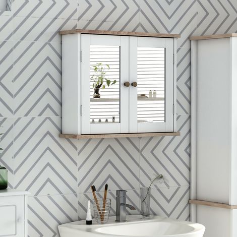 Armoire Murale avec Miroir pour Salle de Bain 2 Niveaux avec 1 étagère réglable et 2 Portes en bois- dim. 56I x 14P x 46H cm (1/5)