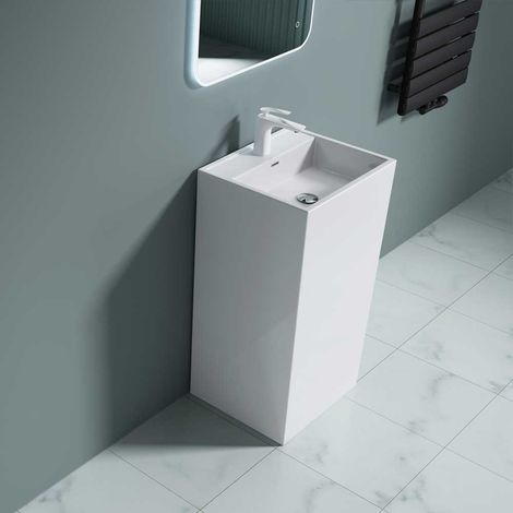 Bathroom Cloakroom 500 x 420 x 900mm (WxDxH) Cast Stone Pedestal Basin - Rectangular Freestanding Sink With Overflow Slot & Single Tap Hole - Basin Only - Durovin Bathrooms (1/5)