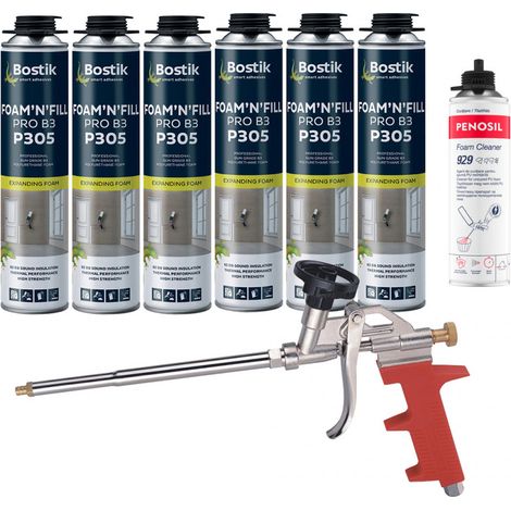 Bostik – Pack de 6 mousses polyuréthane expansives pistolables 750ml – Nettoyant mousse 500ml – Pistolet manuel ergonomique