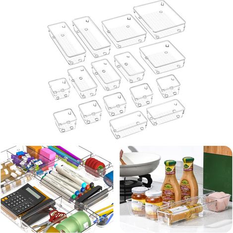 Lot de 16 organiseurs tiroir en plastique transparent – 5 tailles Plateaux rangement polyvalents pour salle bain et coiffeuse Bacs maquillage, bijoux, ustensiles dans la Motif Pois Pack (1/5)
