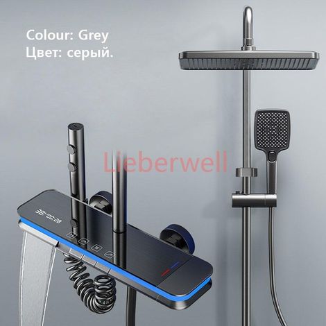 WJNMONE Smart Shower System Set with Digital Temperature Display, LED Rainfall Bathtub Mixer, Brass Shower Faucet, Complete Kit, Grey (1/5)