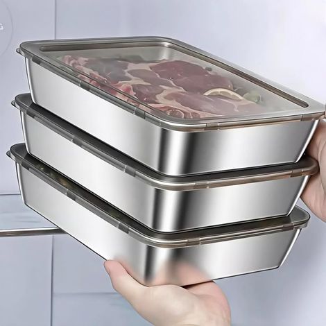 Juego de 3 recipientes apilables de acero inoxidable con tapa, aptos para congelador y lavavajillas (diferentes tamaños).