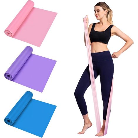 Lot de 3 bandes élastiques de 1,5 m pour exercices de fitness. Idéales pour le yoga, le pilates et la rééducation en salle ou à domicile. Parfaites pour le yoga, le pilates et la rééducation. (1/5)