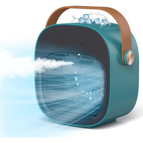 Aire acondicionado y humidificador portátil 2 en 1，Ventilador de mesa con 3 velocidades，Recargable por USB，1 unidad (verde) (1/5)