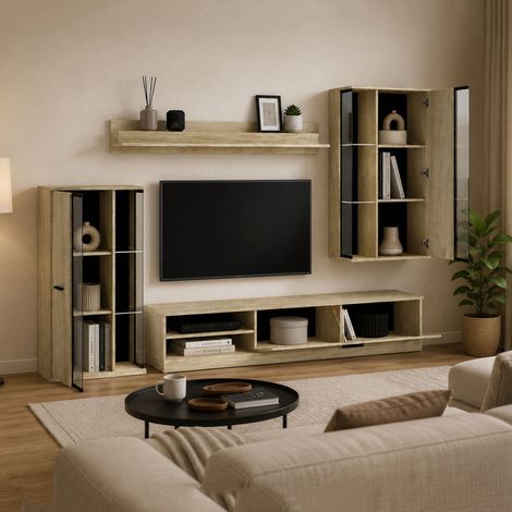 Parete Attrezzata Limose, Mobile Soggiorno Modulabile, 9 Ripiani, 16 Vani, Marrone Rovere (1/3)