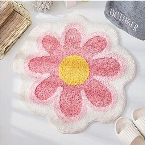 Cute Soft Fluffy Flower Bath Mat Microfiber Water Absorbent Non-Slip Bath Rug for Toilet Bathtub Shower Bathroom
