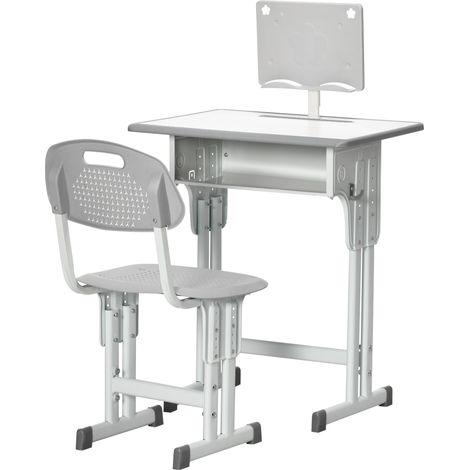 Bureau enfant +6 ans avec chaise réglable 1 tiroir étagère 60x45x90-102 cm gris