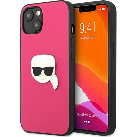 Custodia per iPhone 13 mini in pelle Karl Lagerfeld Ikonik con la testa di Karl, colore rosa. (1/5)