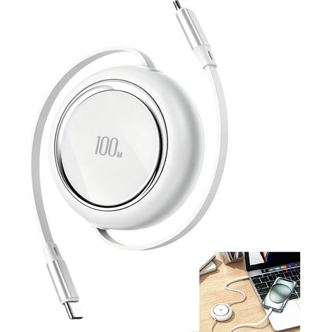 Câble USB C Rétractable 1M 100W, Câble de Charge Rapide USB C, 5 Niveaux de Longueur Préréglés, Câble Enrouleur Compact et Durable Compatible avec 16 15 14 Galaxy S25 S24 S23 (1/5)