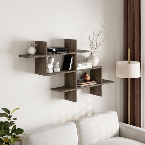 Decortie Halic Wall Mounted Modern Bookcase Display Unit - Dark Coffee